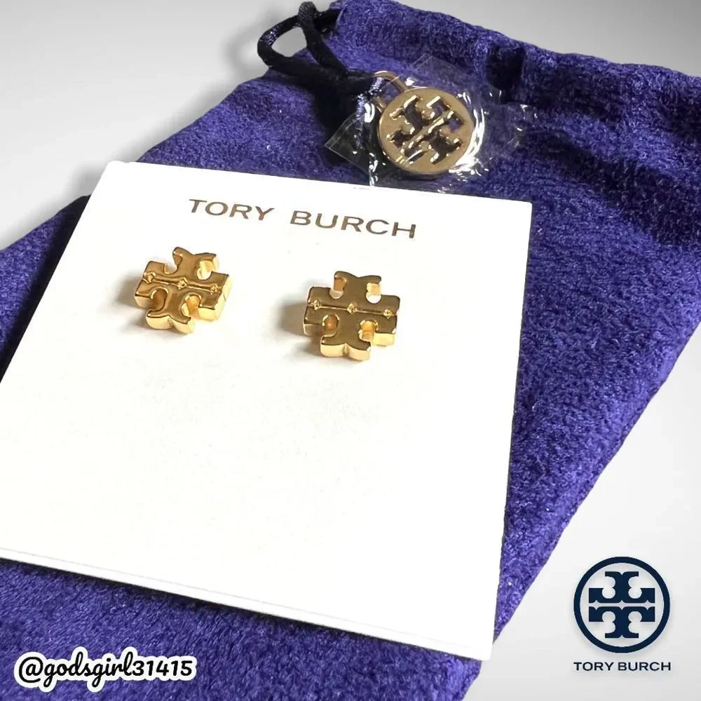 Tory Burch 18K Gold Plated Kira Logo Stud Earrings & Dust Bag $78 - Picture 10 of 11